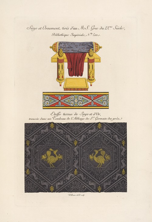 Sièges et ornemens tirés d’un MS. grec du IXme. siècle, […] Étoffe tissue de soye et d’or, trouvée dans un tombeau […]