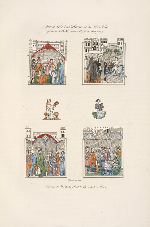 Sujets tirés d’un manuscrit du XIVe. siècle qui traite d’établissemens civils et religieux.