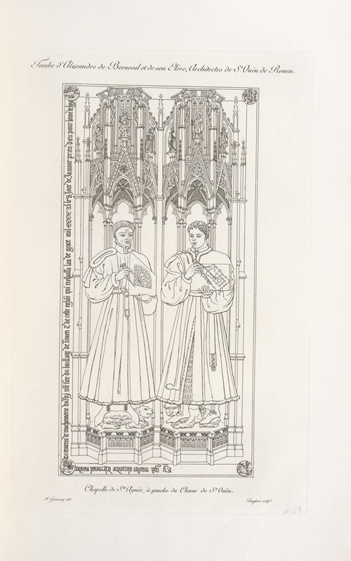 Tombe d’Alexandre de Berneval et de son élève, architectes de St. Ouën de Rouen. Chapelle de Ste. Agnès, à gauche du chœur de St. Ouën.