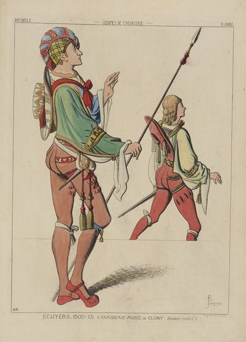 Écuyers, 1500-15 (Tapisserie. Musée de Cluny. Dessin inédit.) XVIe siècle, costumes de chevalerie, Flandre.