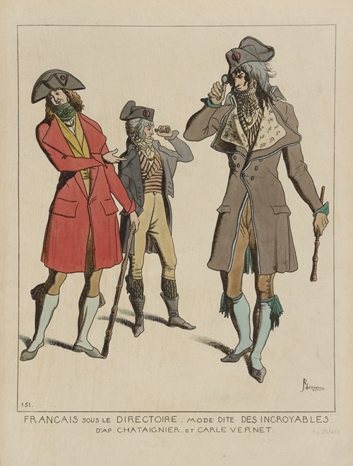 Francais sous le directoire. Mode dite des incroyables. D’ap[rès] Chataignier, et Carle Vernet.