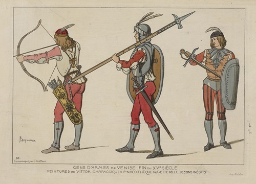 Gens d’armes de Venise fin du XVe siecle. Pentures de Vittor Carpaccio, a la pinacothèque de cette ville. Dessins inédits.