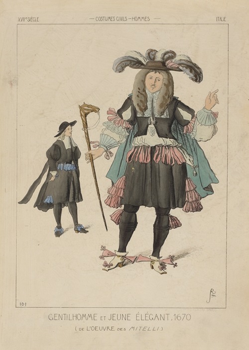 Gentilhomme et jeune élégant, 1670. (De l’oeuvre des Mitelli.) XVIIe siècle, costumes civils, hommes, Italie.
