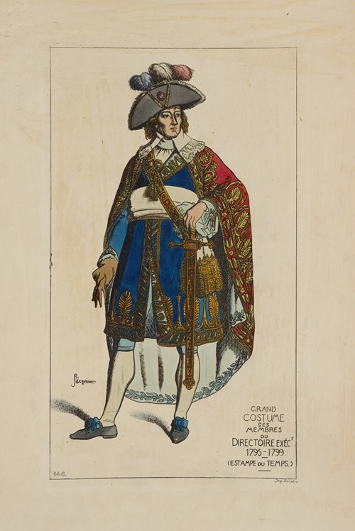 Grand costume des membres du directoire exéc[utif] 1795-1799. (Estampe du temps.)
