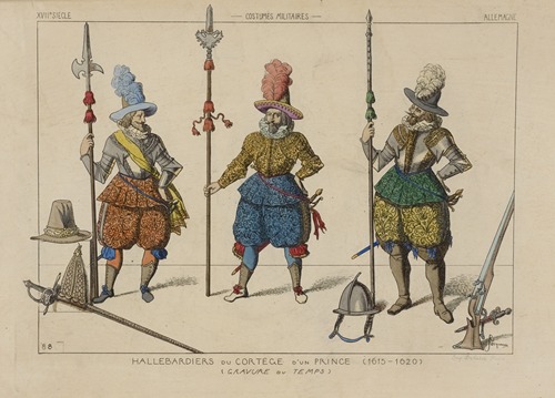Hallebardiers du cortège d’un prince (1615-1620) (Gravure du temps). XVIIe siecle, costumes militaires, Allemagne.