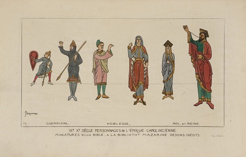 IXe Xe siècle personnages de l’epoque Carolingienne. Miniatures d’un bible, a la biblioth[èque] Mazarine dessins inédits.