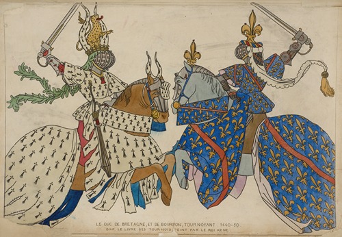Le duc de Bretagne, et de Bourbon, tournoyant 1440-50. D’ap[rès] le Livre des Tournois, peint par le roi rene.