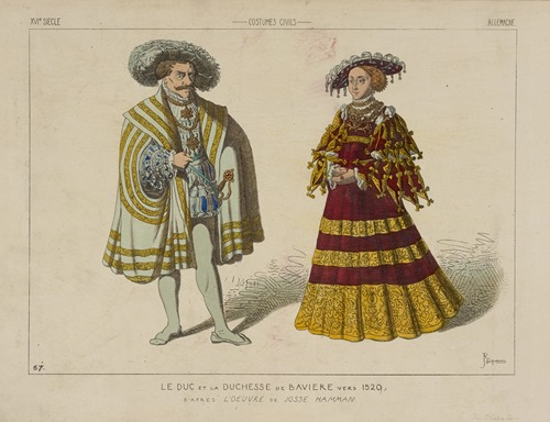 Le duc et la ducesse de Bavarie vers 1520, d’après l’oeuvre de Josse Hamman. XVIe siecle, costumes civils, Allemagne.