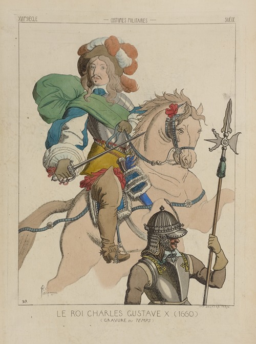 Le roi Charles Gustave X (1600) (Gravure du temps). XVIIe siècle, costumes militaires, Suède.