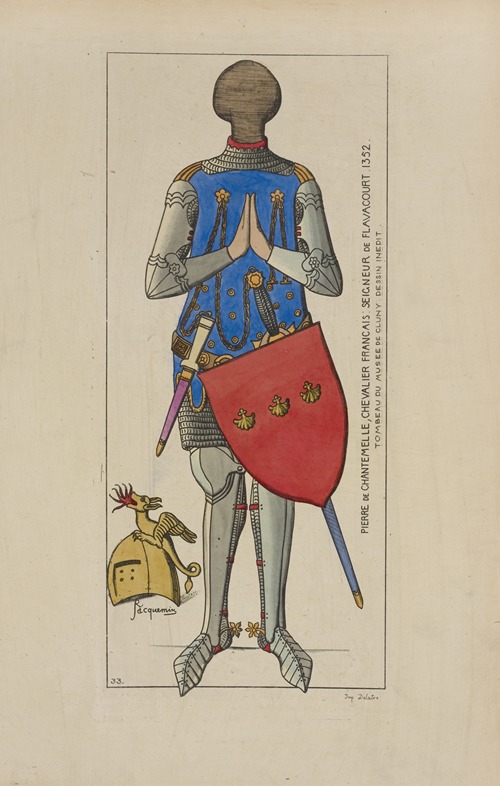 Pierre de Chantemelle, chevalier Francais; siegneur de Flavacourt 1352. Tombeau de Musée de Cluny dessin inédit.