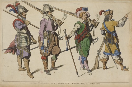Piquier et arquebusiers Hollandais. 1608. Mousquetaire de France. 1647.