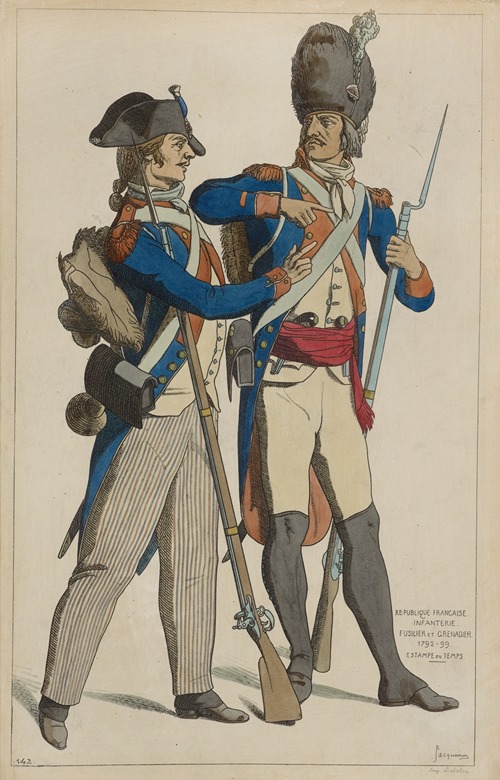 Republique Francaise infanterie. Fusilier et grenadier. 1792-99. Estampe du temps.