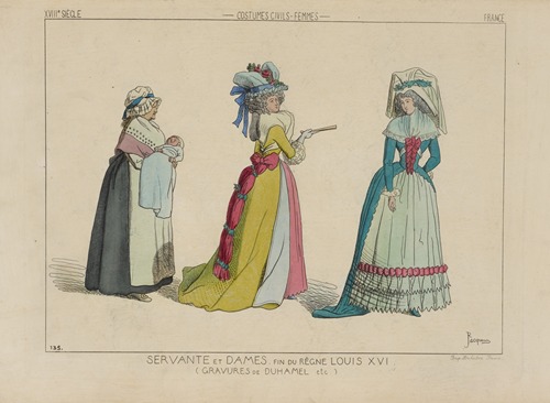 Servante et dames. Fin du règne Louis XVI. (Gravures du Duhamel etc.) XVIIIe siècle, costumes civils, femmes, France.