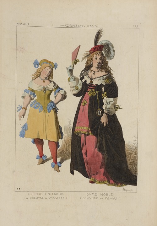 Toilette d’intérieur (de l’oeuvre de Mitelli) Dame Noble (gravure du temps). XVIIe siecle, costumes civils, femmes, Italie.
