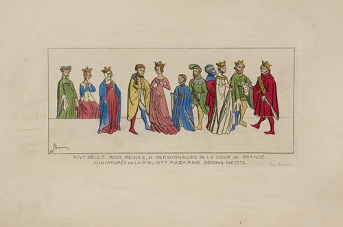 XIVe siècle. Rois, reines, et personnages de la cour de France. Miniatures de la Bibliot[hèque] Mazarine. Dessins inèdits.