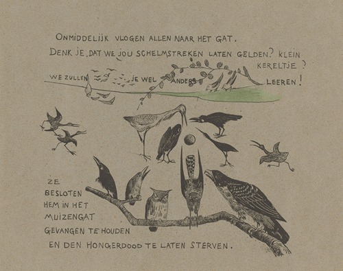 Tekstblad met diverse vogelsoorten bij het muizenhol waarin de winterkoning verdween
