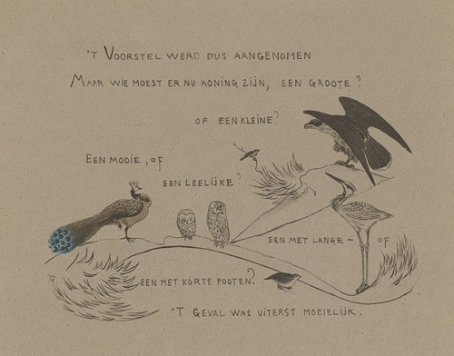 Tekstblad met onder andere pauw, uilen, reiger en roofvogel