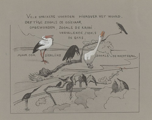 Tekstblad met vogels, onder andere roerdomp, gans, ooievaar en kraai