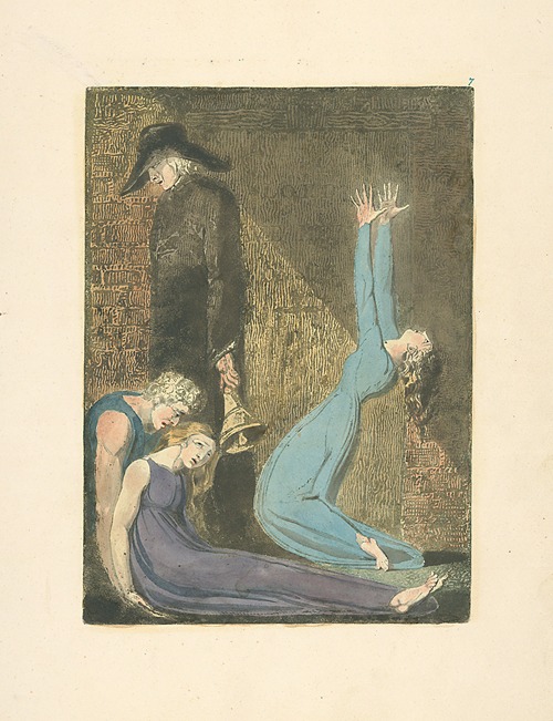 Man supporting supine woman, aged man with bell, and woman in blue dress, arms raised in suppliction