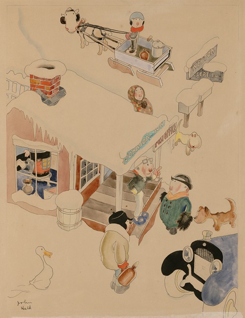 Man with car getting directions from a man standing on store porch during winter