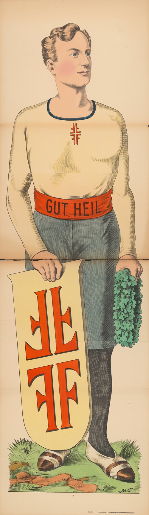 Athletic man holding shield and laurel wreath with ‘Gut heil’ written on his waistband