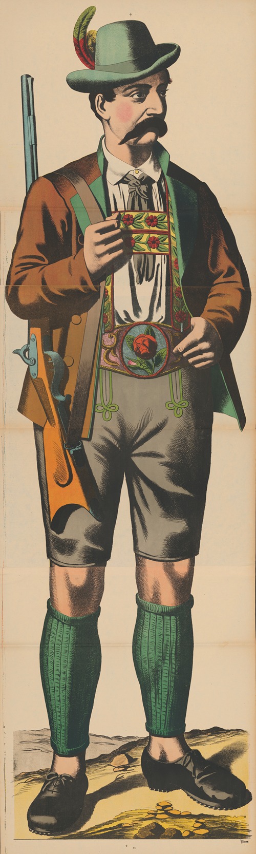 Man in lederhosen and Tyrolean hat holding a rifle over his shoulder