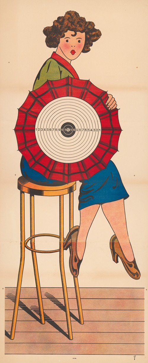 Woman seated on stool holding parasol with numbered concentric circle design on it