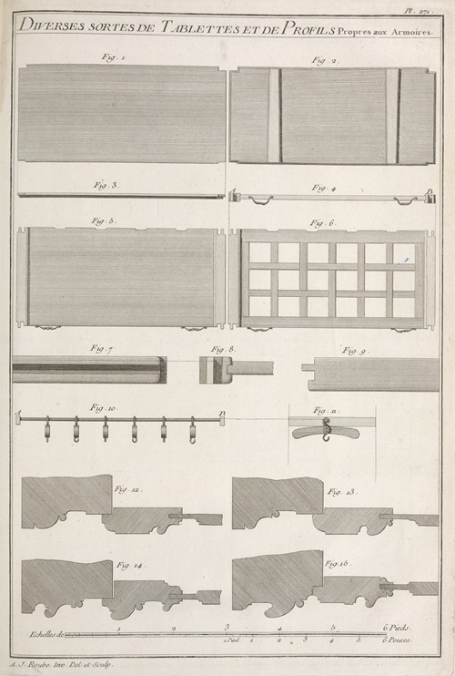 Diverses sortes de tablettes et de profils propres aux armoires.