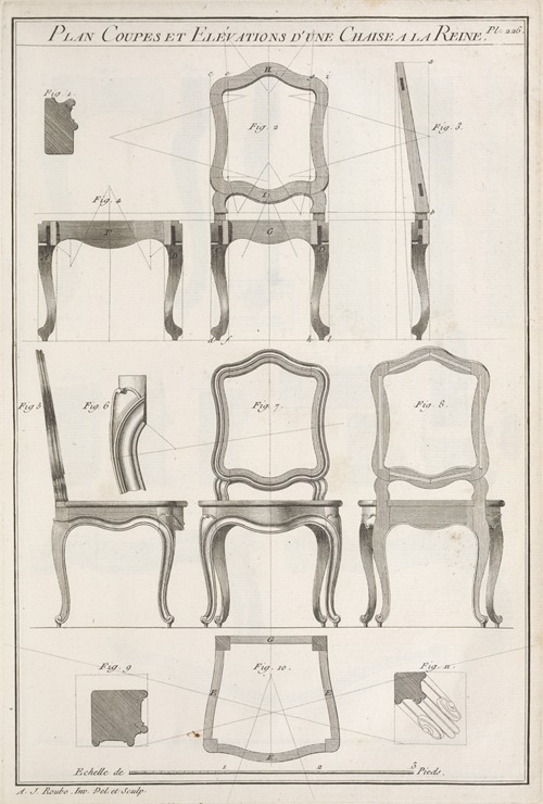 Plan coupes elévations d’une chaise a la reine.