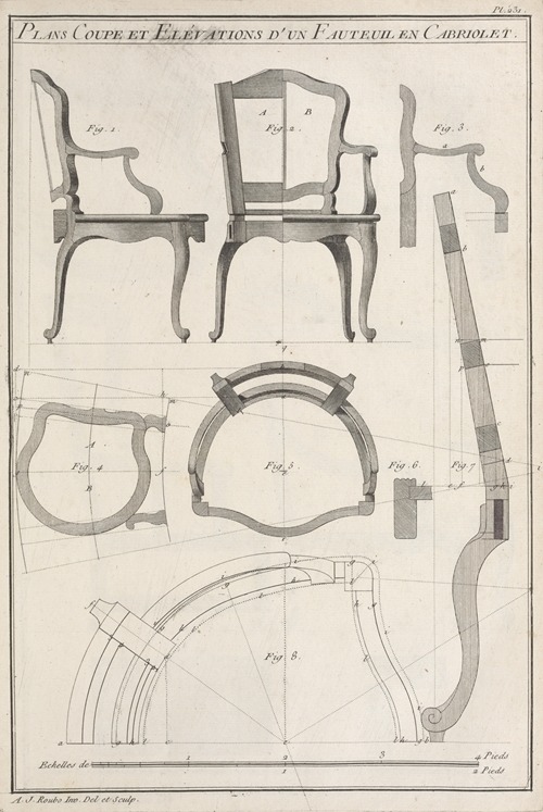 Plans coupe et elévations d’un fauteuil en cabriolet.