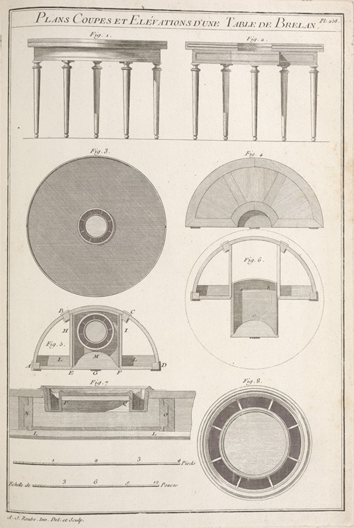 Plans coupes et elévations d’une table de Brelan.