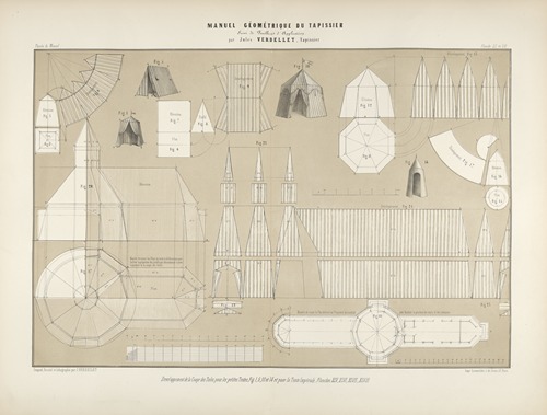 Developpement de la coupe des toiles pour les petites tentes, fig. 1, 5-10, et 14 et pour la tente impériale, planches XLV, XLVI, XLVII, XLVIII.