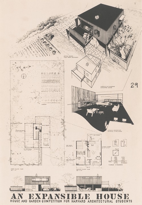 Expansible house, Plans, elevations, and perspectives