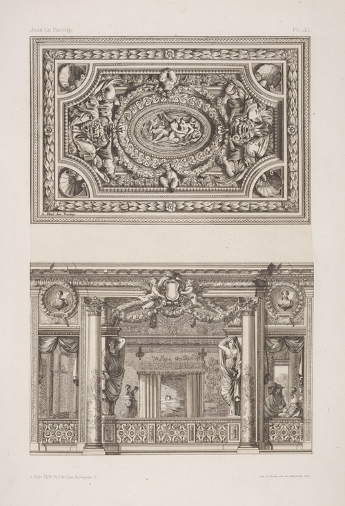 Design for a ceiling decoration; scene of elaborately decorated interior