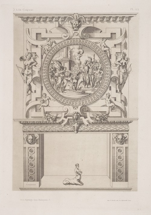 Design for a chimney piece with roundel of group surrounding a fire, possibly a religious ceremony