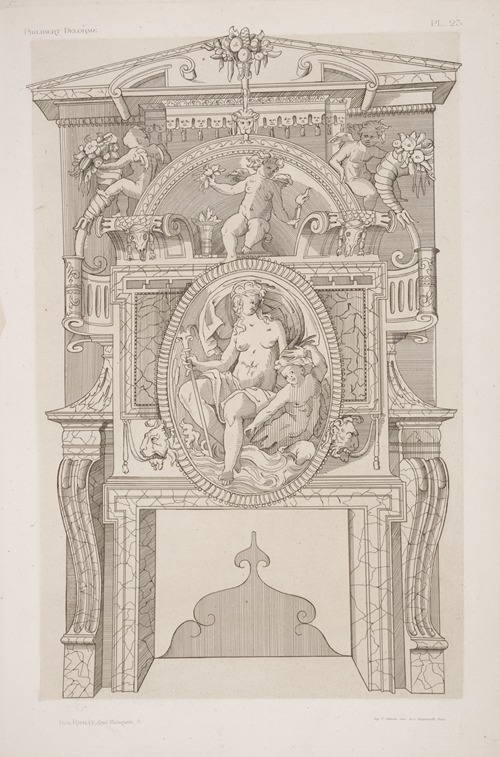 Design for a chimney piece with roundel of nude goddess and child on mantel