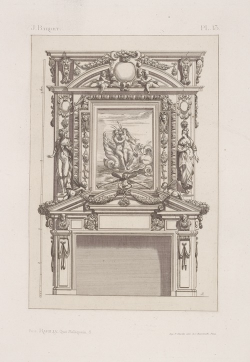 Design for a chimney piece with scene of Neptune and sea goddess riding a sea horse