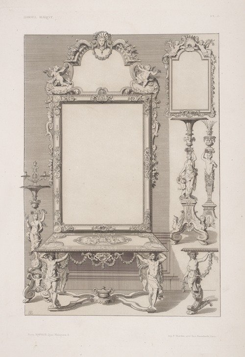 Design for a table and mirror with legs in shape of men and women.