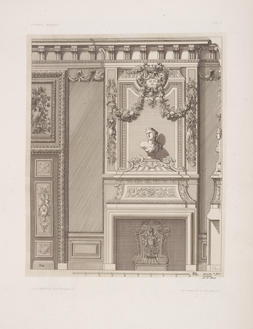 Design for chimney piece with bust of woman and garlands above.