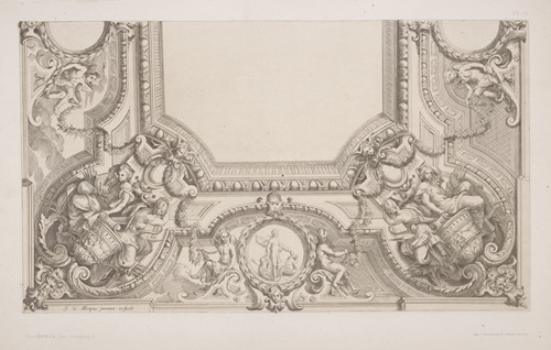 Design for half a ceiling decoration featuring allegorical female figures at each corner.