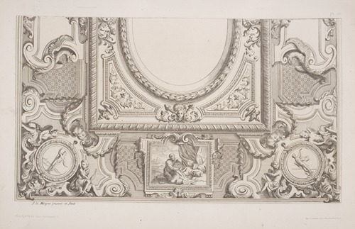 Design for half a ceiling decoration featuring panel with satyr and sleeping woman.