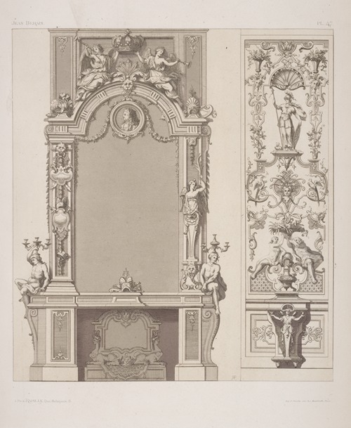 Design for wall niche with chandeliers on either side; design for wall panel featuring Athena.