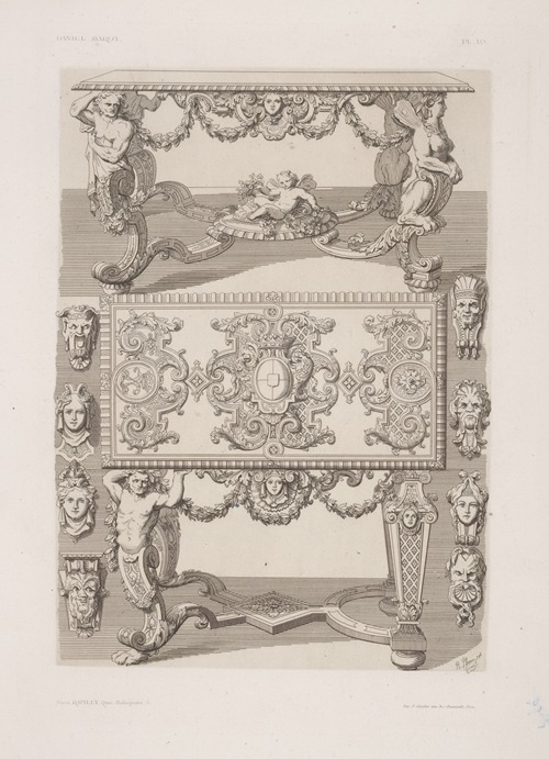 Designs for tables with elaborately carved supports; designs of heads.