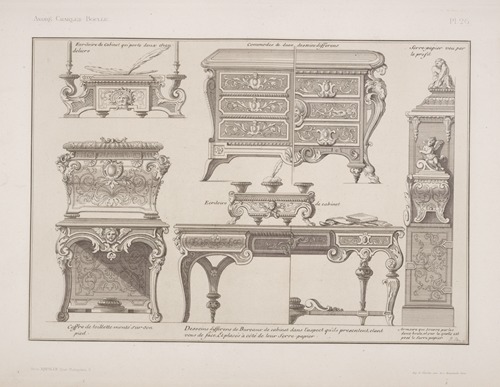 Ecritoire de cabinet qui porte deux chandeliers; commodes de deux desseins differens