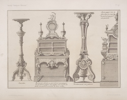 Gueridon; bureau de cabinet […]; torchere pour une galerie; serre papier veu de face […]