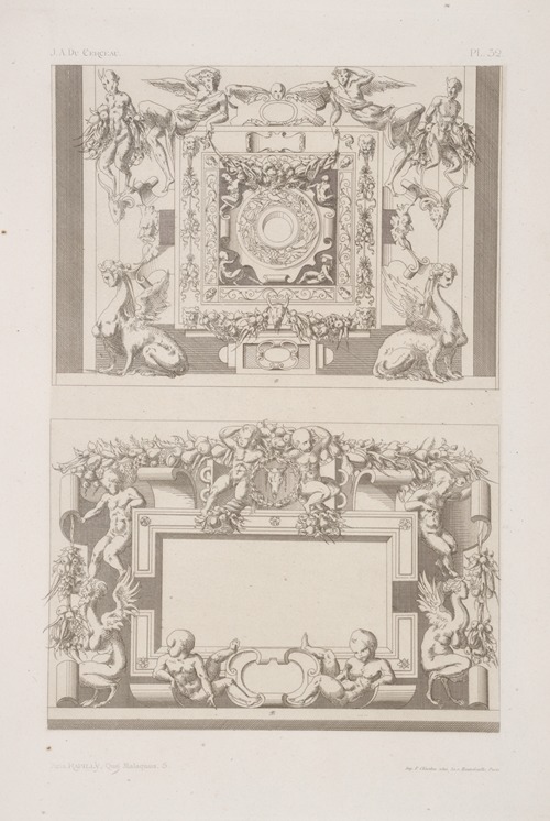 Two designs for ceilings with figures of humans, sphinxes, and satyrs