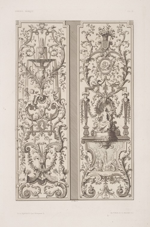 Two designs; one with fountain, one with half-nude woman seated.