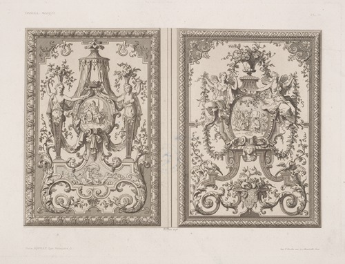 Two designs; one with roundel of enthroned Athena, one with bible scene.