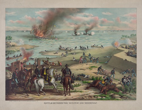 Battle between the Monitor and Merrimac–fought March 9th 1862 at Hampton Roads, near Norfolk, Va.