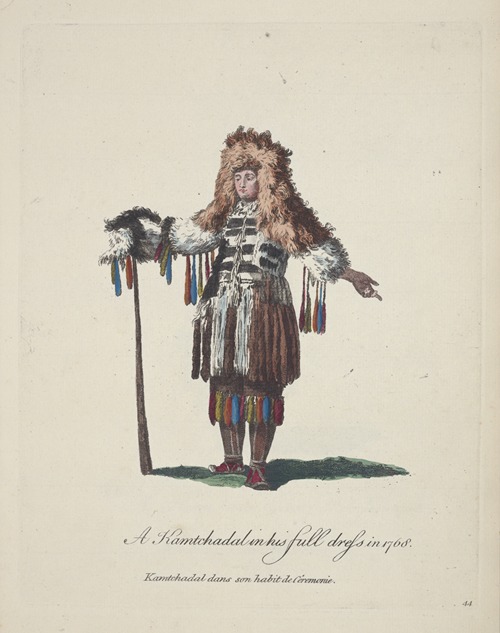 A Kamtchadal in his full dress in 1768. Kamtchadal dans son habit de cêremonie.
